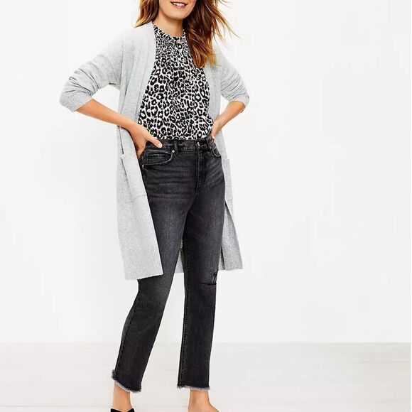 Loft | Destructed High Rise Straight Crop Jeans in Washed Black | 10 - Picture 2 of 7